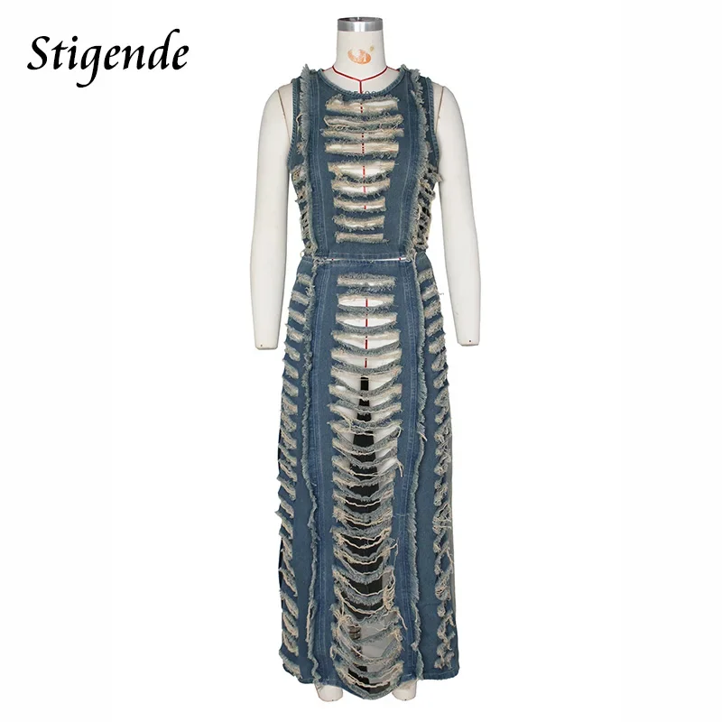 Stigende Women Denim Ripped Hole Two Piece Set Shredded Crop Top and High  Split Jeans Skirt Sexy Hollow Out Streetwear Outfit - AliExpress 200000345