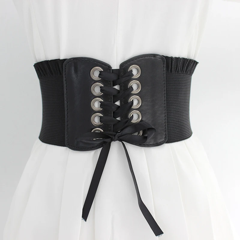 

Fashion Women Lady Stretch Buckle Waist Belt Wide Elastic Corset Waistband Corset Around Cinch PU Leather Tie Bowknot