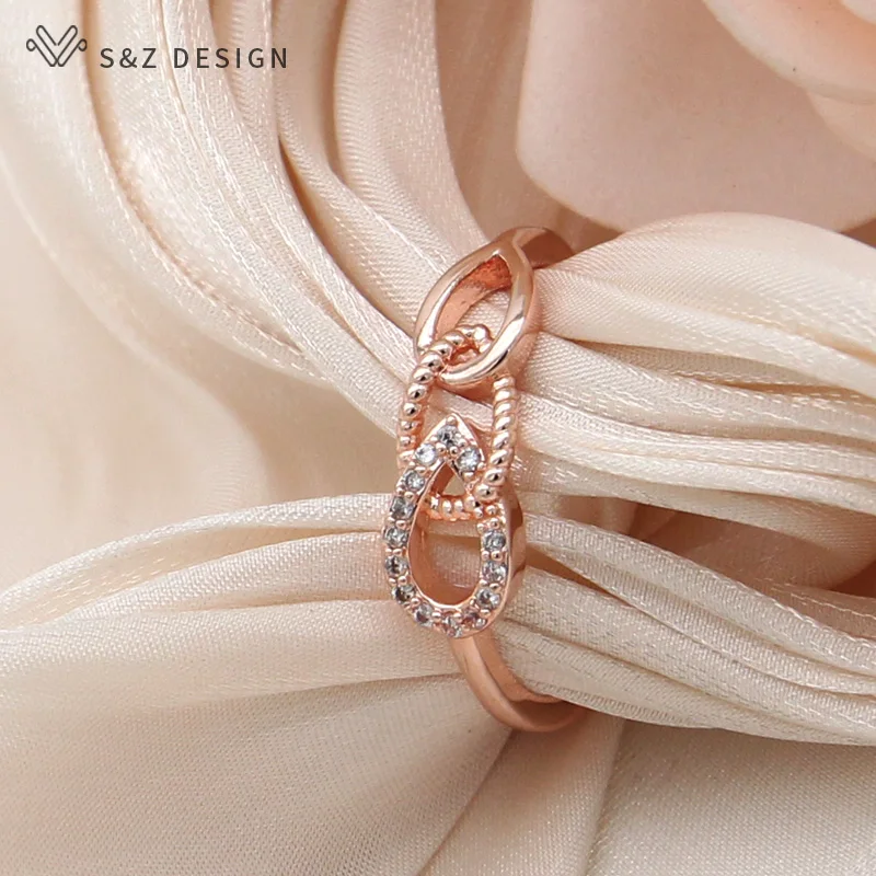 S&Z DESIGN New Fashion Temperament Wax Inlay Water Drop Cubic Zirconia Adjustable Rings For Women 585 Rose Gold Color Jewelry