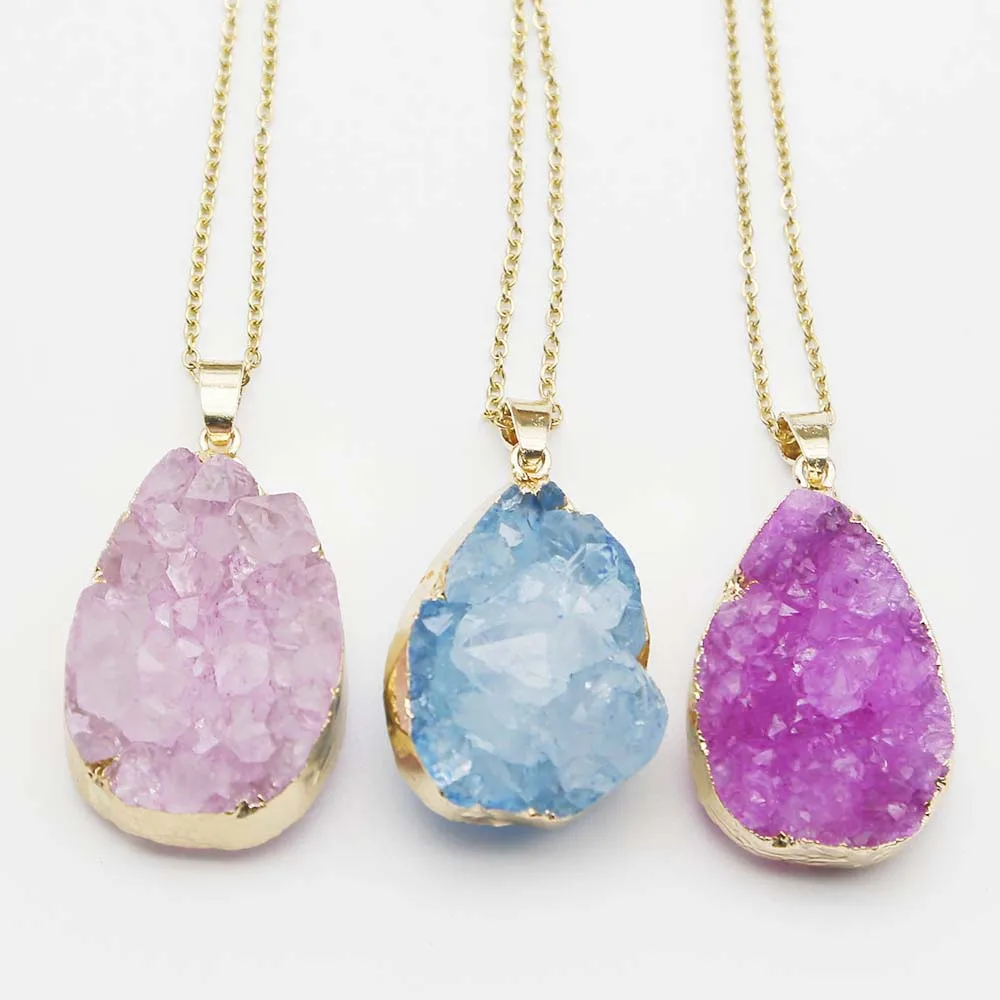 Natural Raw ore Stone Water Drop Agate Crystal Gold Edged Pendant Stainless Steel Chain Necklace Exquisite Jewelry Accessory4Pcs