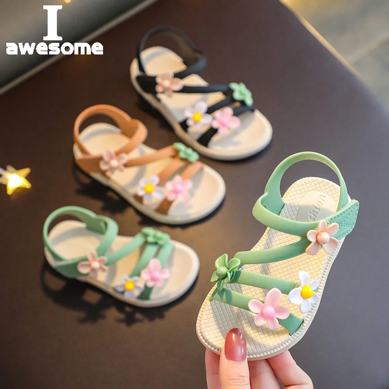 

Summer Little Girls Sandals 2022 New Flower Simple Cute Pink Green Children Sandals Toddler Baby Soft Casual School Girl Shoes