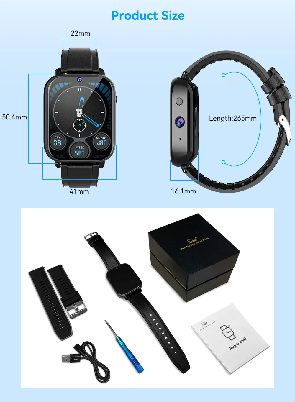 ROGBID KING 1.75 inch Screen 4G LTE Smart Watch Android 9.1OS  2GB+16GB(Black), ZA