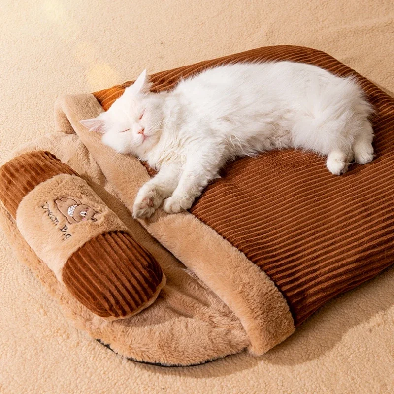 

New Cat Bed Winter Removable Warm Half Closed Pet Sleeping Bag Dog Bed House Cats Nest Cushion With Pillow