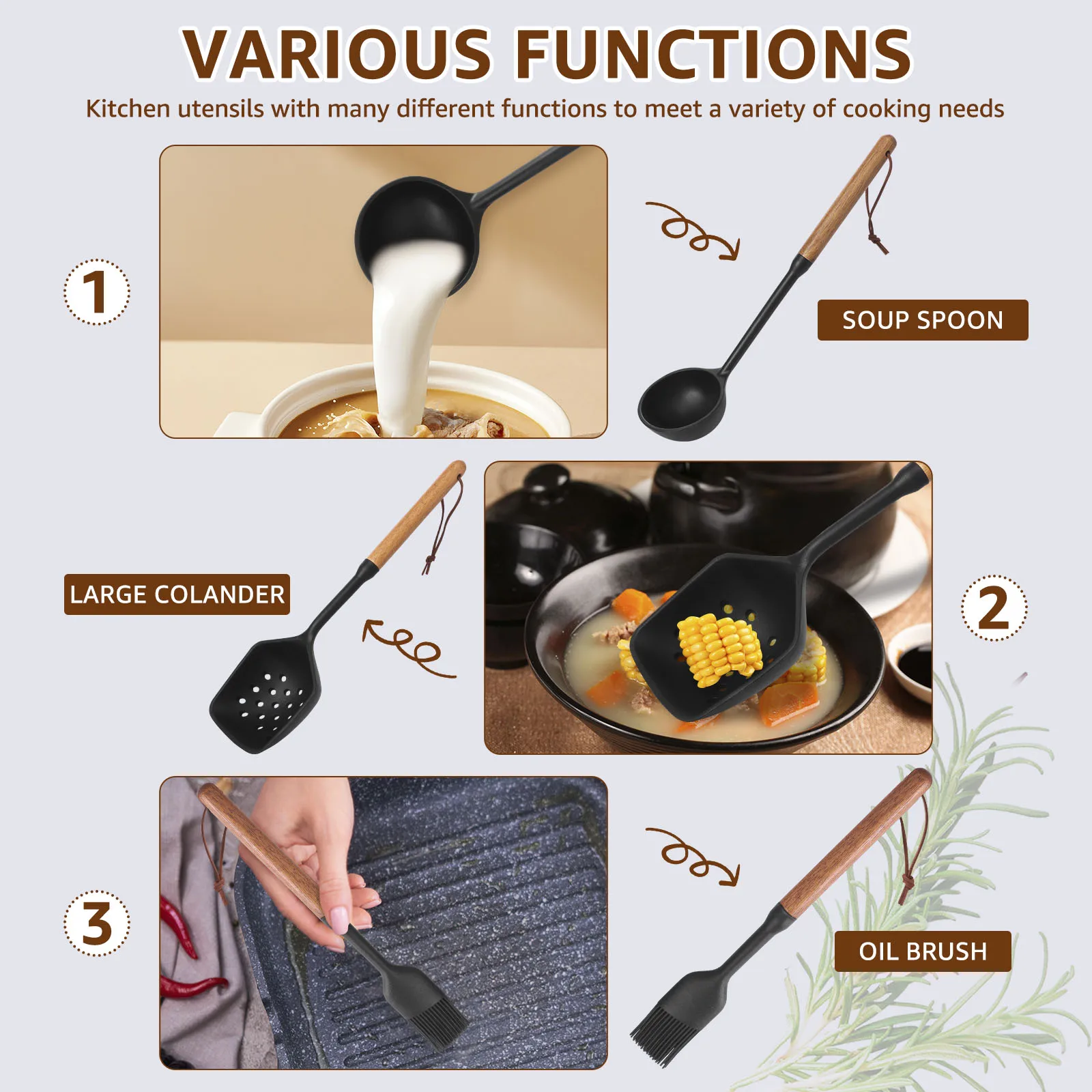 7Pcs Kitchen Utensil Set Silicone Cooking Utensil with Wood Handle Spatula,Turner Tongs, Spoon, Brush,Kitchen Gadgets Cookware