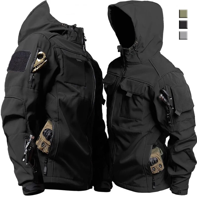 

Military Outdoor Waterproof Hood Windbreaker Jacket Work Wear Soft Shell Multi-pockets Hunting Winter Tactical Tops Men Jackets