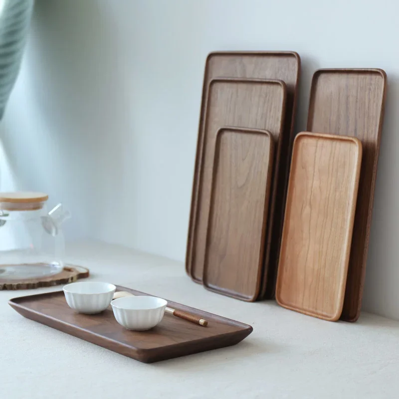 

Solid Wood Trays Black Walnut Round Corners Restaurant Food Plate Handmade and Environmentally Friendly Rectangle Service Tray