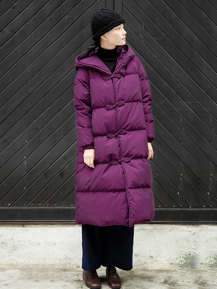 Chinese Style Winter Purplish Red White Goose Down Down Jacket Women's Hooded Mid-Length Overknee Thickened