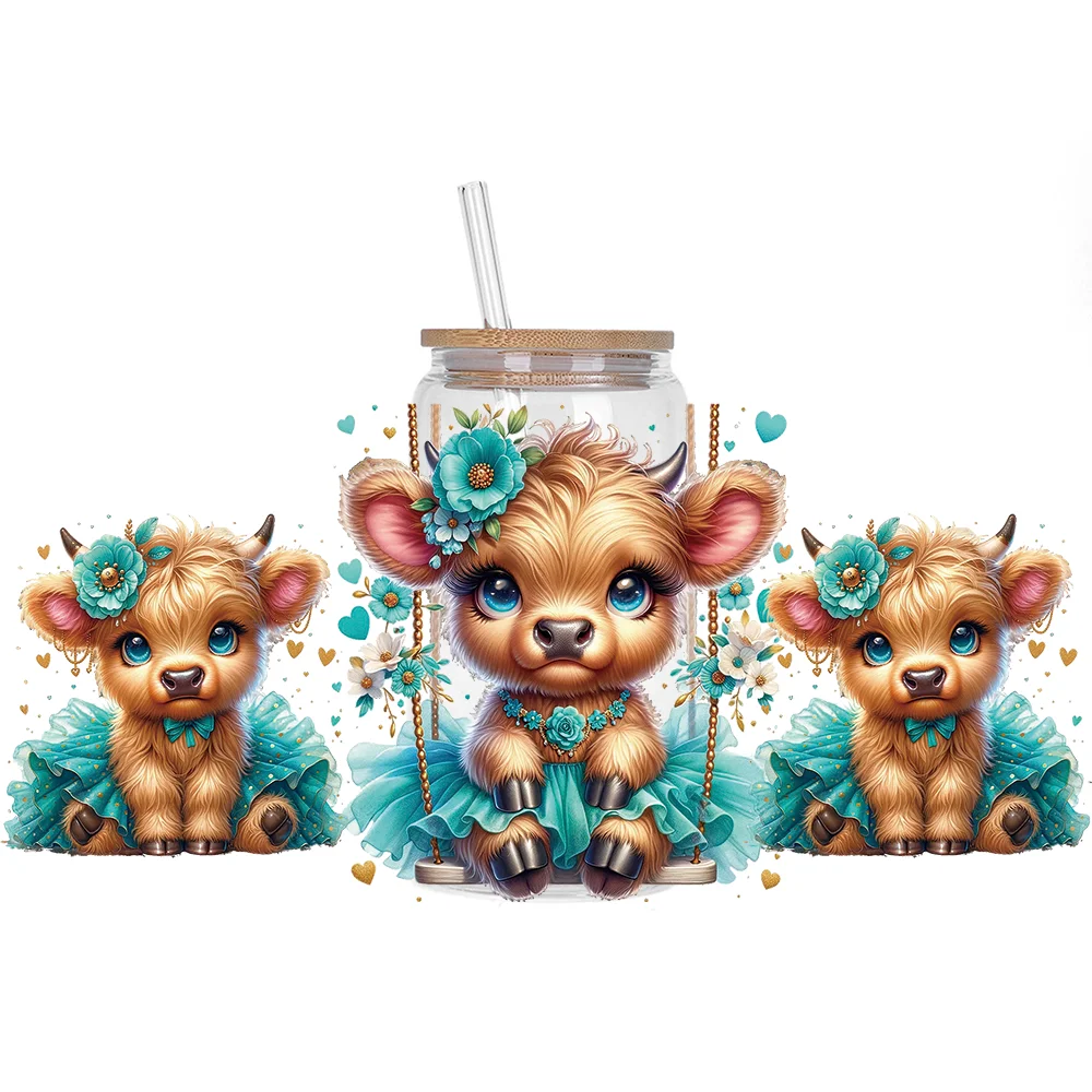 Highland cattle series Easy peel waterproof DIY Decals 3D transfers uvdtf crystal stickers 16oz uv dtf cup wraps for Glasses