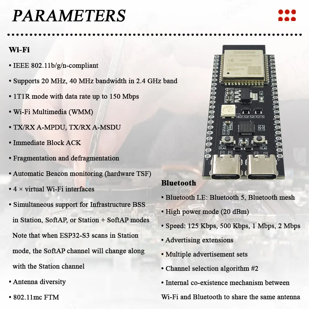 รูปสินค้า บอร์ดพัฒนา ESP32-S3 สำหรับ Arduino Wi-Fi Bluetooth 8MB PSRAM 16MB FLASH