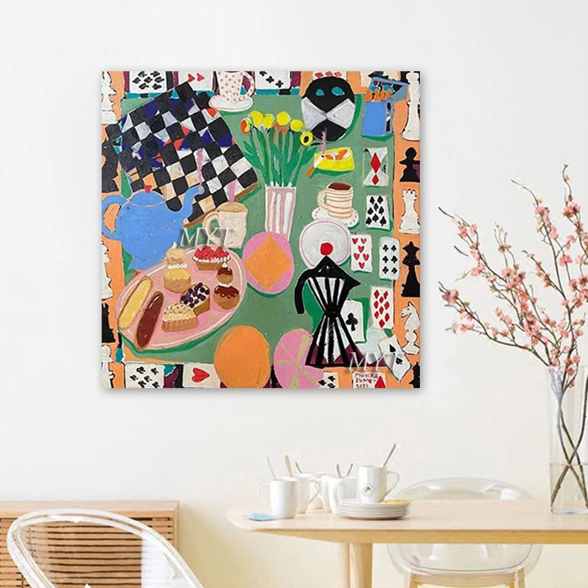 

Art Restaurant Wall Poster Piece Frameless Flowers Vase Picture Canvas Decor Artwork Cake On The Table Abstract Hand Painted