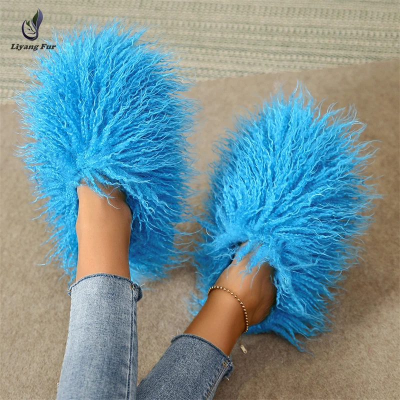 

Fashion Wholesale Price Full Fur Slides Thick Fluffy Plush Curly Faux Sheepskin Fur Slippers