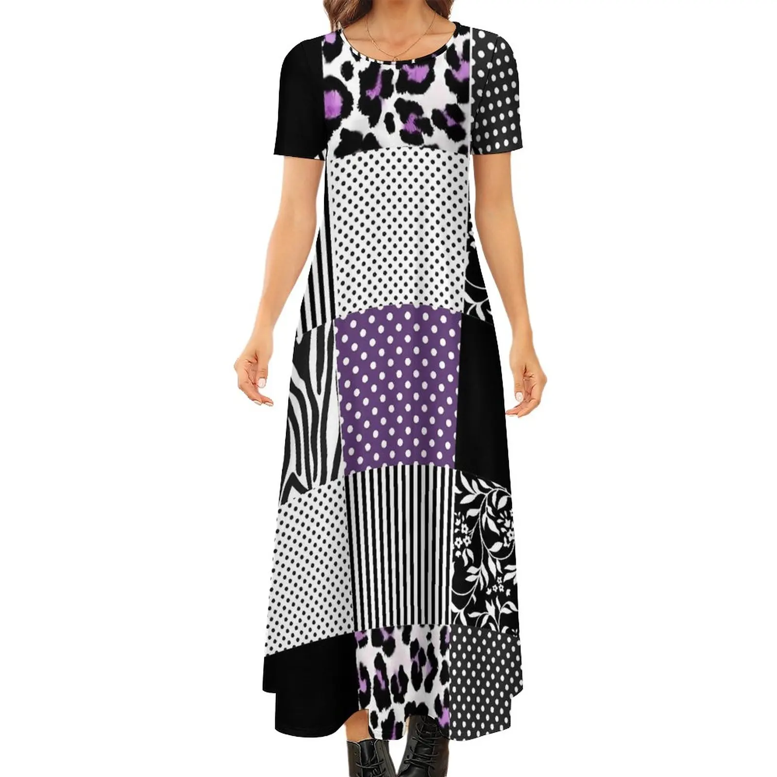 

Patchwork Print Dress Purple And Black Kawaii Maxi Dress Womens Short Sleeve Streetwear Bohemia Long Dresses Big Size 6XL 7XL