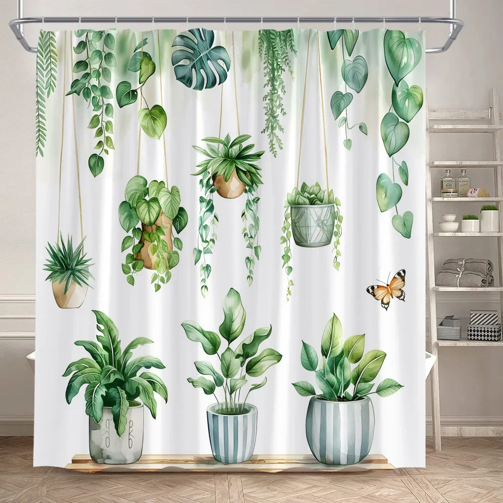 Green Plant Shower Curtains Watercolour Vine Leaves Butterfly Potted Plants  Modern Polyester Fabric Home Bathroom Curtain Decor - AliExpress, image size:1000x1000