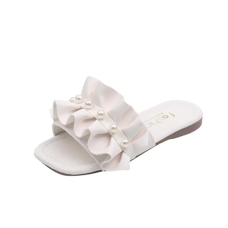 

Girls Summer Sandals Slippers Children Beach Slides Ruffles Pleated with Pearls Beading Princess Sweet Kids Slippers Anti-skid