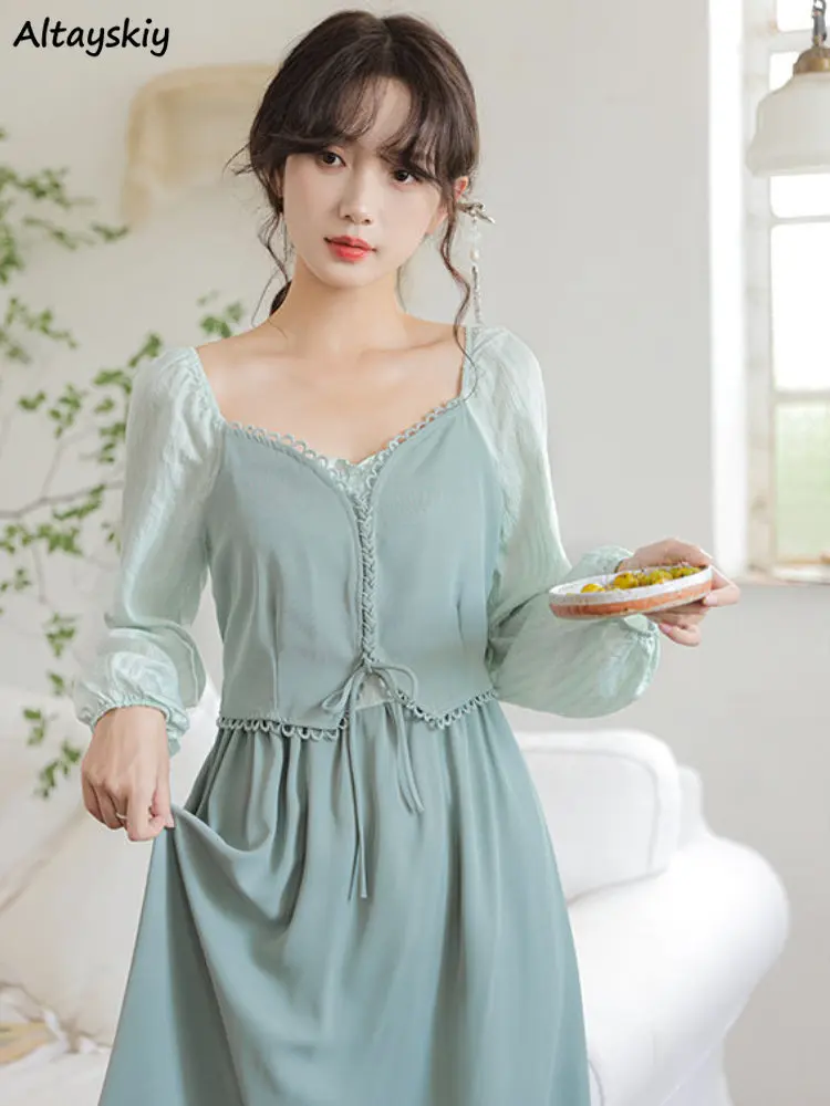 

Long Sleeve Midi Dress Women Patchwork Lace-up Vestidos Design Daily Casual Fake 2 Pcs Vintage Tender Ulzzang Stylish Fashion