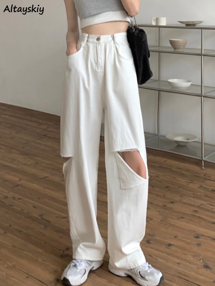 

High Waisted Jeans Women Wide Leg Hole Aesthetic Cool Streetwear Baggy Vintage Korean Style Trousers Harajuku Basics Daily Mujer