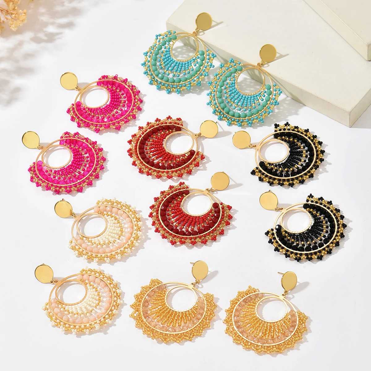 Women’s Bohemian Fan-Shaped Beaded Earrings – Retro Resort Style Jewelry
