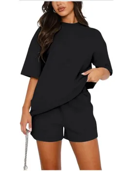 Summer New Fashion Two Piece Outfits Black Elegant Office Holiday Casual Loose Women Top Short Pant Woman 2 Piece Set Outfit
