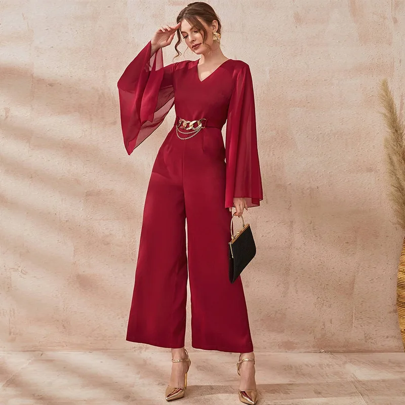 Women Casual Elegant Two Pieces Set 2023 New Summer Luxury V-Neck Long Sleeve Solid Belt Rompers Turkish Evening Party Jumpsuits