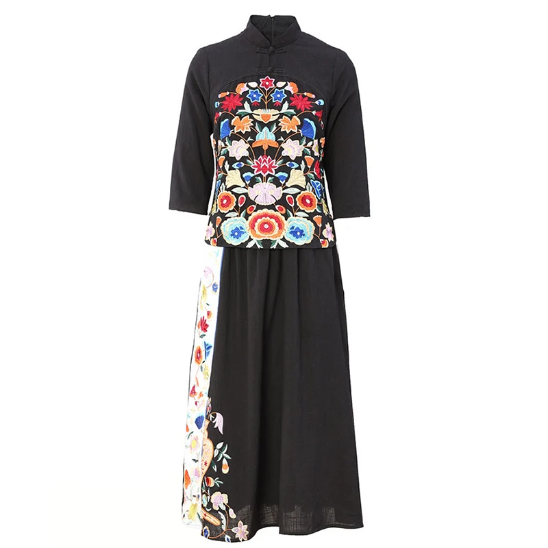 New Autumn Chinese Style Women's Two-Piece Exquisite Embroidery Flower Slim Top+ Elastic Waist Skirt Fashion Suit S-XXL