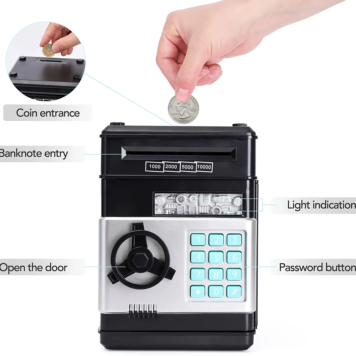 Boys and girls piggy bank, electronic coin piggy bank with password protection, ATM bank note scroll deposit box