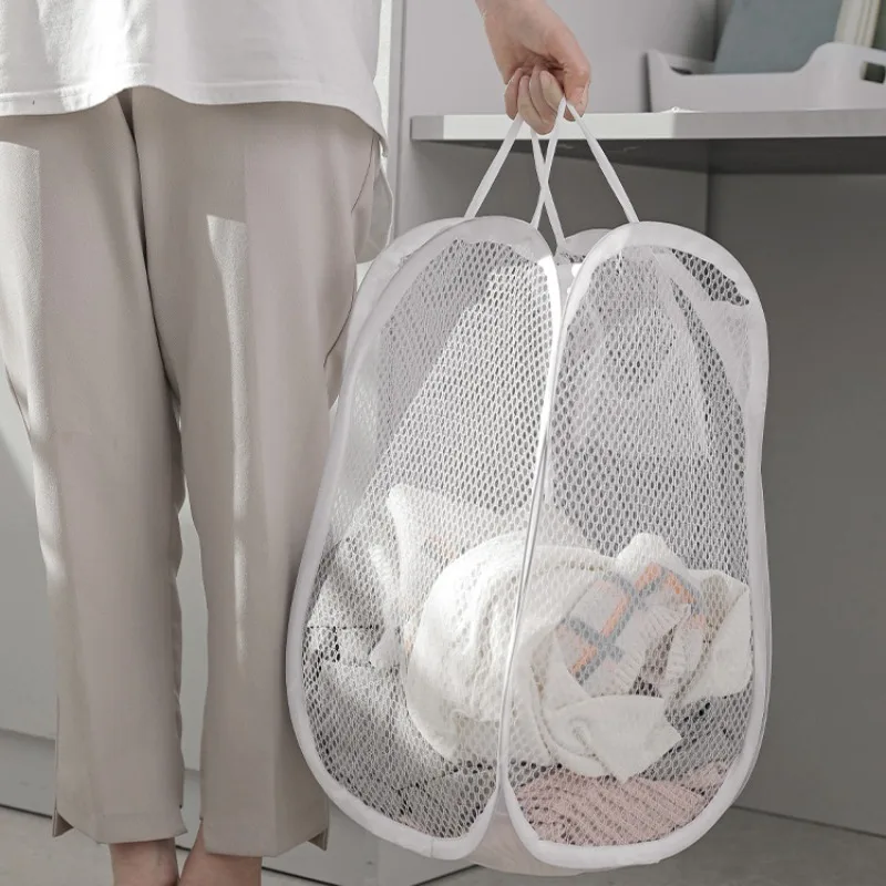 Laundry storage basket Folding Laundry Storage Basket Household Dirty Clothes Bag Light Nylon Mesh Color Net Sundries Organization