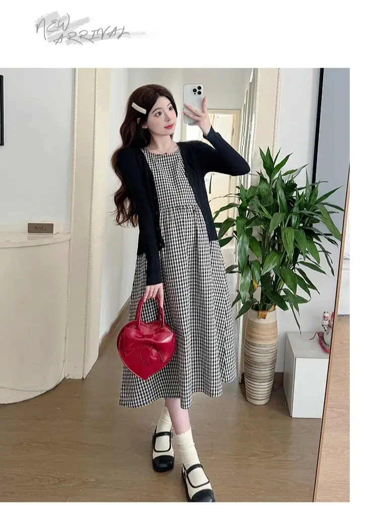 Summer Pregnant Women Plaid Dress Suits Short Sleeves Cotton T-Shirt Sundress Twinset Clothes Set Maternity Dress with Shirts
