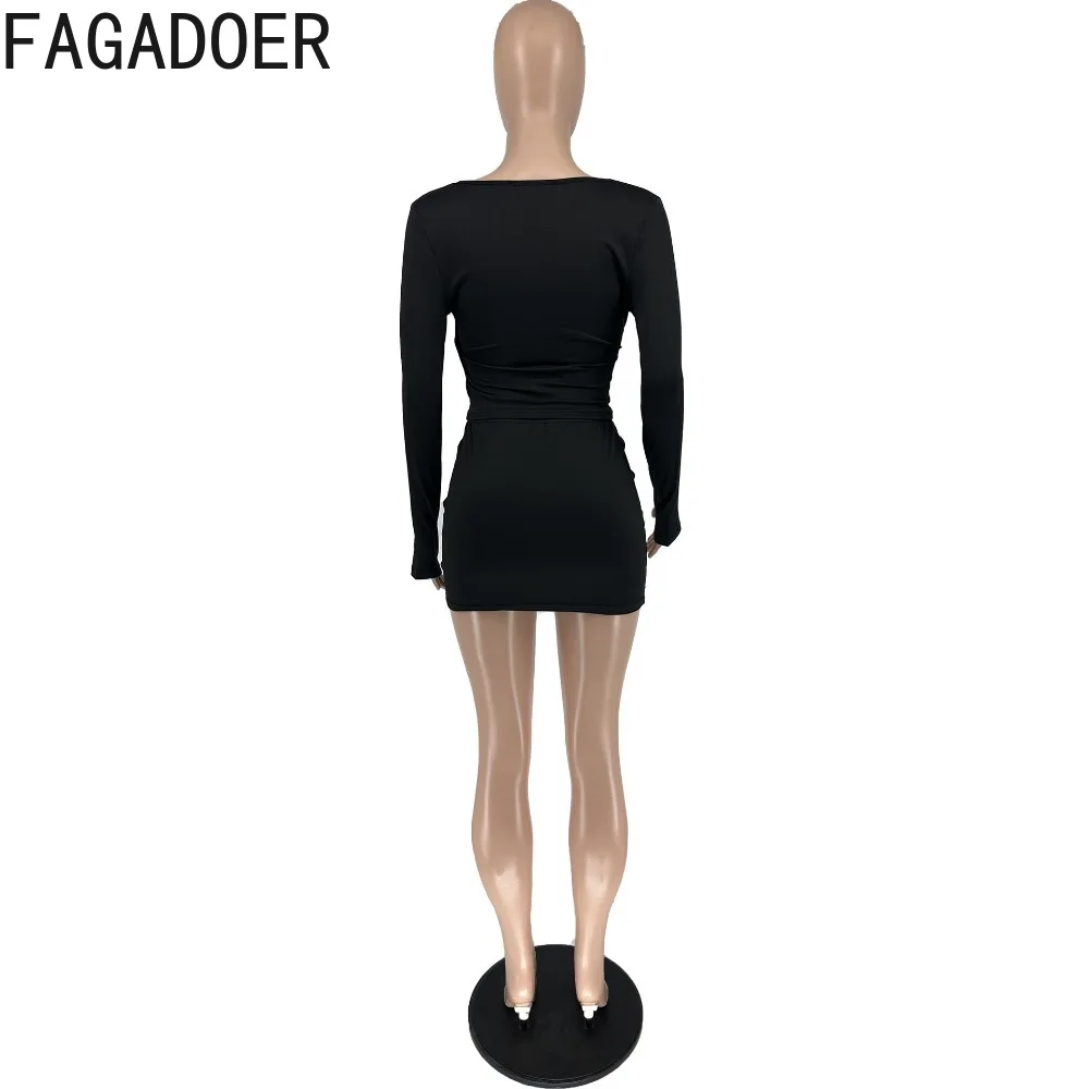 FAGADOER Sexy Deep V Bodycon Mini Skirts Two Piece Sets Women Long Sleeve Crop Top And Skirts Outfits Fashion Matching Clothing