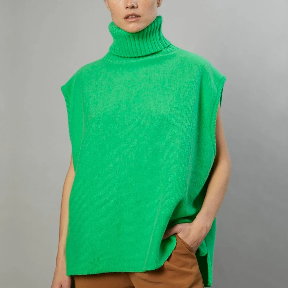 

Turtleneck Pullover Knit Women's Sweater Split Hem Sleeveless Oversized Knitwear Tops Female Solid Fashion Streetwear Outwear