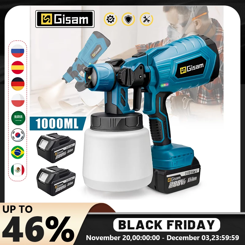 GISAM Pistolet de pulvérisation électrique 1000ML sans fil HVLP, aérographe pour maison, automobile, meubles et revêtement acier, compatible avec batterie Makita 18V