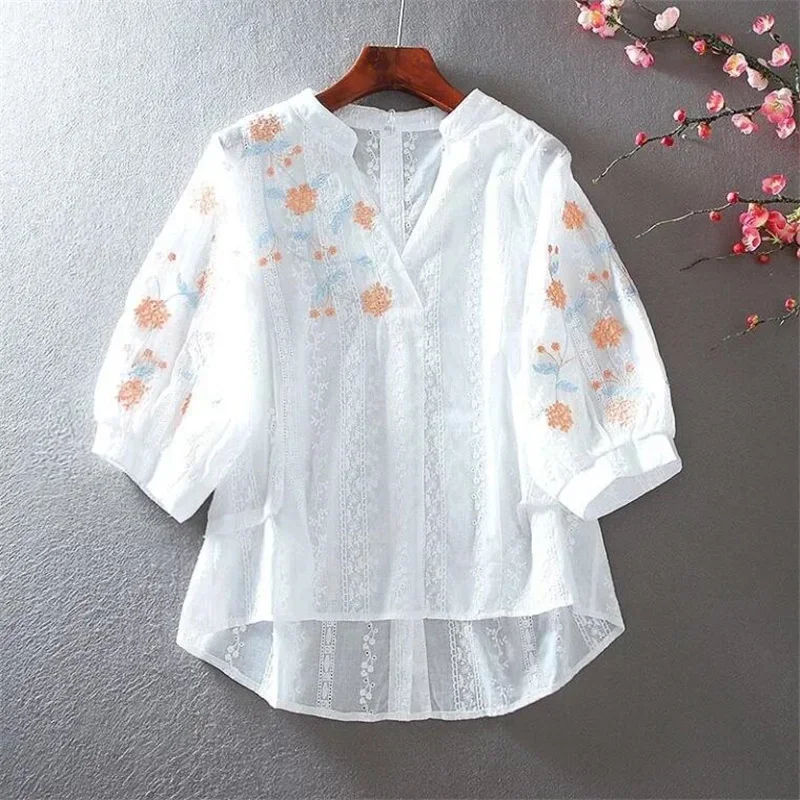 

Summer Embroidered Floral Blouses Women Shirt Pure Cotton Top Middle Sleeve Pullover OL Loose Hollow Out Retro Female Blouses