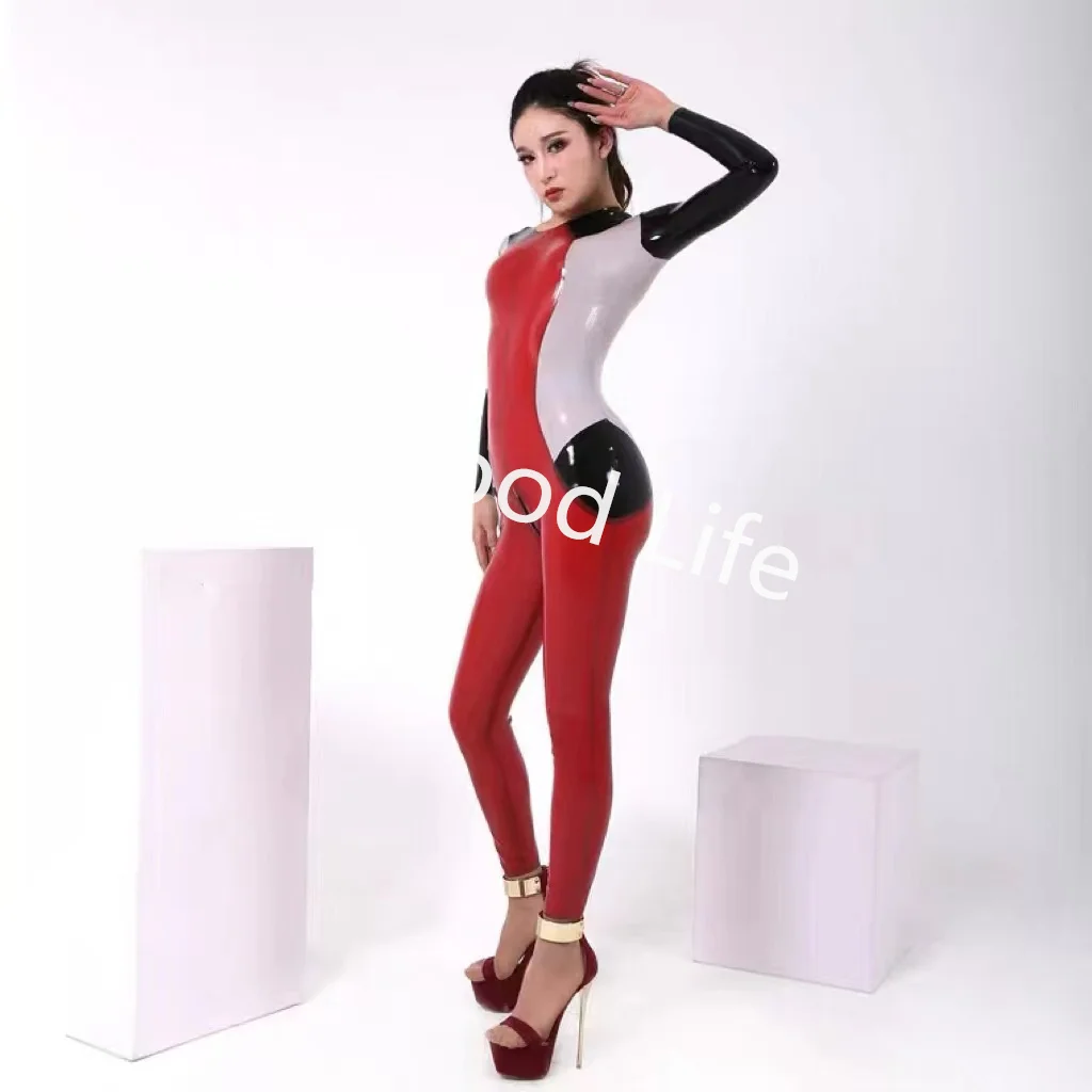 

New Arrival Handmade Sexy Latex Catsuit Mixed Color Rubber Bodysuit with Front Crotch Zipper