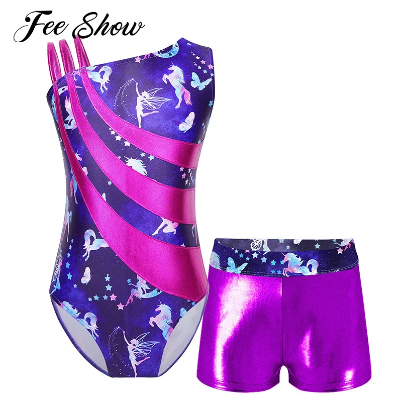Kids Gymnastic Dancewear Shoulder Straps Printed Dance Costumes Bodysuit with Shorts Ballet Leotards for Girls Stage Performance