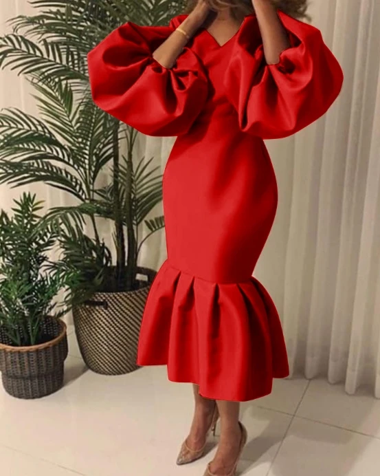 

Women's Urban Style Evening Dress 2024 Spring/summer Elegant Fashionable Solid Color V-Neck Bubble High Waist Fishtail Skirt