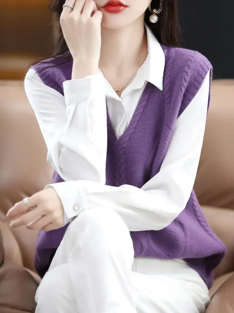 Women's Knitted Vest V-Neck Waistcoat Pullover Loose Female