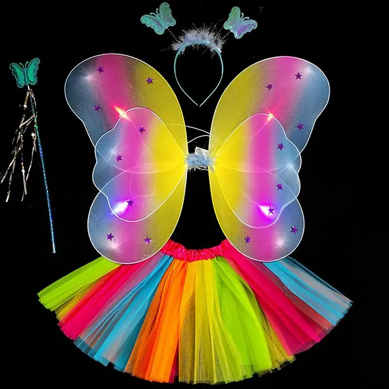 Butterfly Wings Cloth Children's Fairy Costumes Lights B 4 Pcs Butterfly Wand Cosplay Accessories Dress Up Fairy Wings For