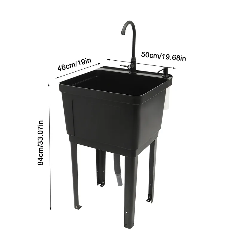 Freestanding Laundry Tub Utility Wash Sink w/ Faucet & Soap Dispenser for Bathroom Black 6
