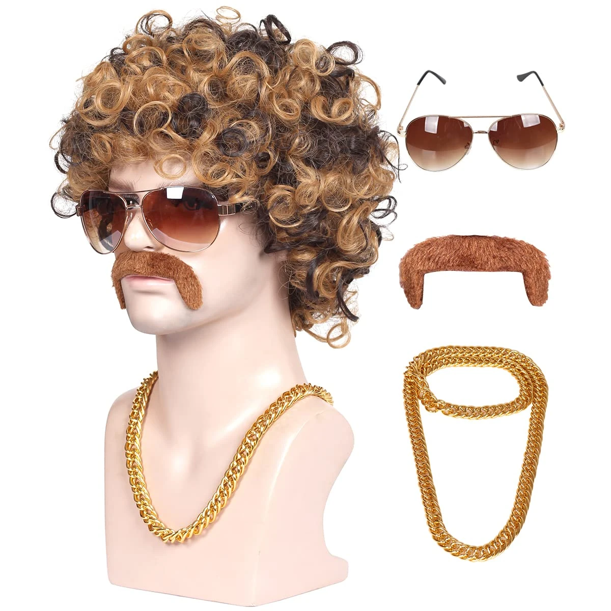 4-Pieces Chain and Moustache and Sunglassand Short Curly Wig for 70'S Disco Party (Brown with Blonde(3 Pieces Set)) funny mens halloween costumes