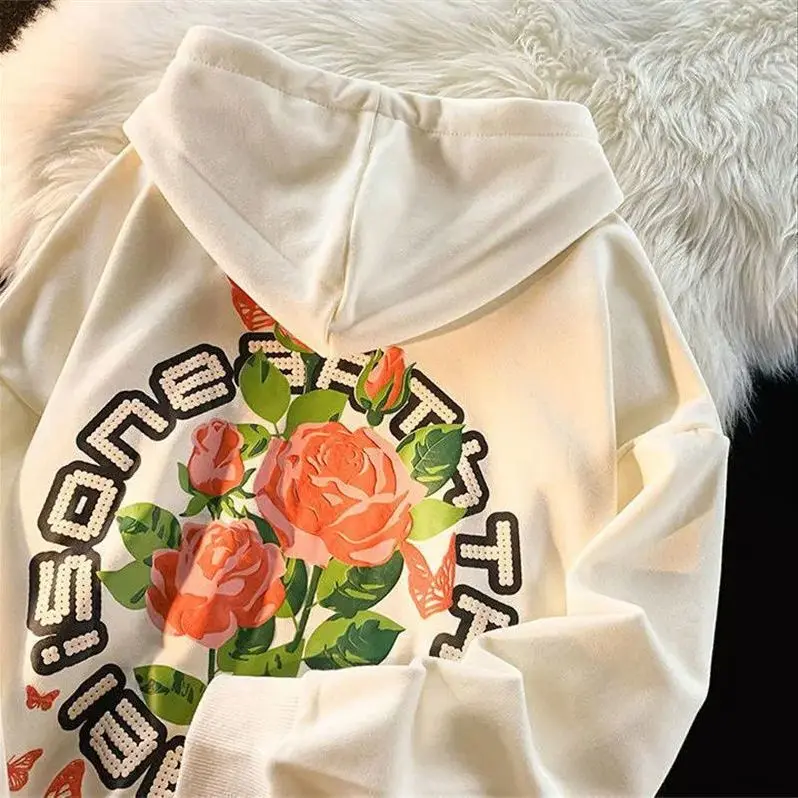 

American trend hip-hop street couple loose rose print hooded sweater for men and women casual long sleeved top harajuku y2k