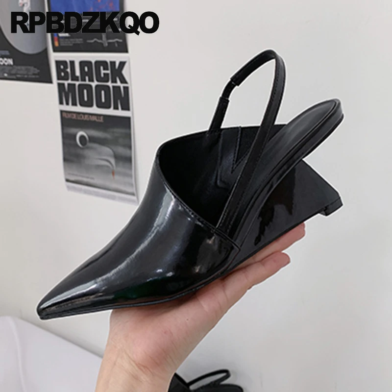 

High Heels Wedges Luxury Plain Solid Pointed Toe Shoes Slingback Catwalk Strange Women Patent Leather Pumps Unique Deluxe Cow