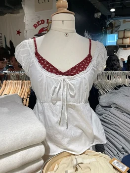 Sweet Lace-up Camisoles Blouse Women Summer Lace Trim Square Collar Short Sleeve White Tank Tops Preppy Style Cute Crop Top Y2k 1