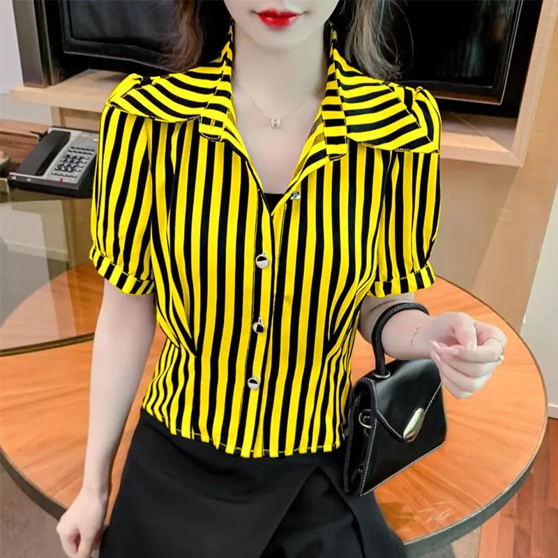 

Elegant Lapel Folds Puff Sleeve Striped Shirts Women Clothing 2024 Summer New Loose Korean Short Sleeve Tops Office Lady Blouses