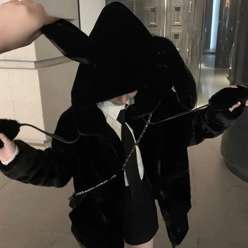 Plus Velvet Padded Women's Zipper Autumn Winter Jacket 2022 Harajuku Kawaii Soft Hoodies Rabbit Ears Plush Faux Cashmere Coat