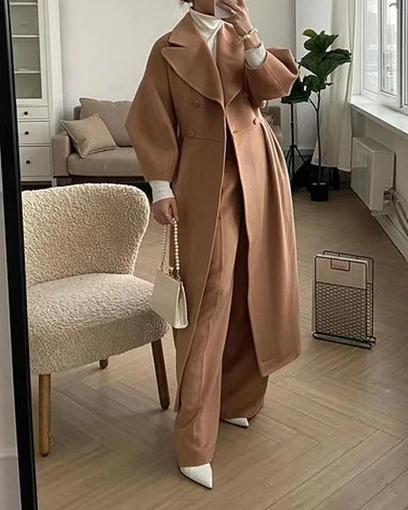 Women Woolen Coat Lapel Double-Breasted Office Lady Long Jackets Autumn Lantern Sleeve Windbreaker Thick Streetwear Female Coats