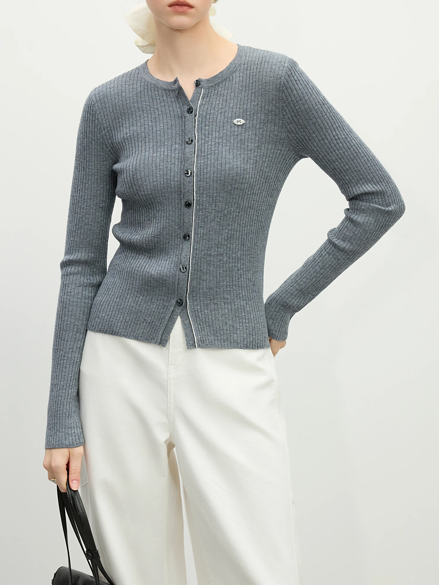 FSLE 30.1% Wool Women Slim Cardigans 2025 Spring Long Sleeve Knitwear Blue Thin Long Sleeve Solid Sweater 25FS11195 2