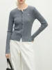 FSLE 30.1% Wool Women Slim Cardigans 2025 Spring Long Sleeve Knitwear Blue Thin Long Sleeve Solid Sweater 25FS11195 2