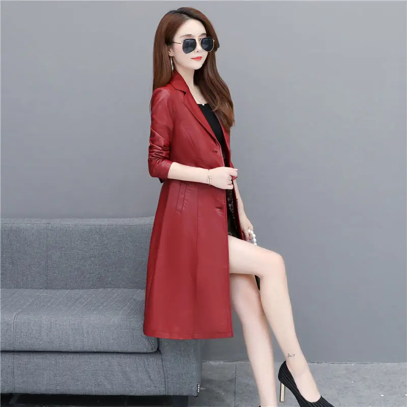 2023 New Women Temperament Slim Long Leather Windbreaker Fashion Pure Color Casual Versatile Large Size Biker Leather Jacket