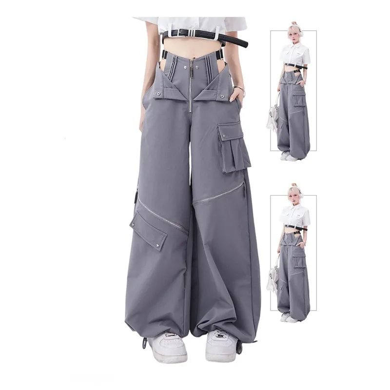 Multi Functional Zipper Large Pocket Design Drawstring Casual Trousers for Female Summer Casual Original Gray Retro Cargo Pants