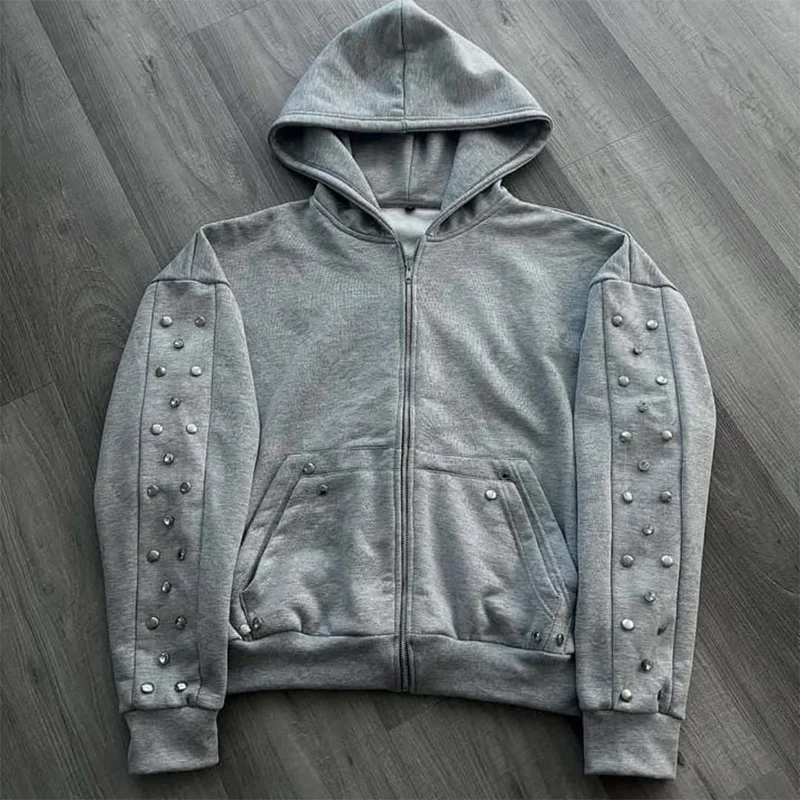 Übergroßer Harajuku-Hoodie in Grau, Vintage-Mode, mit Reißverschluss, europäischer und amerikanischer Herbst-/Winter-High-Street-Stil, vielseitiges Sweatshirt, Emo-Look.