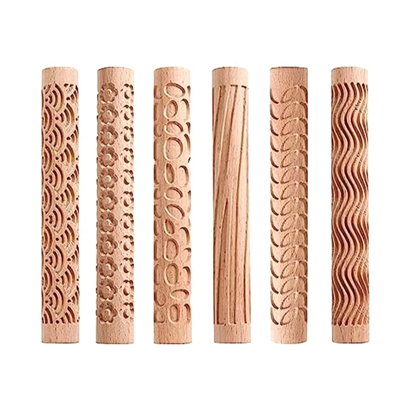 

6 PCS Clay Rolling Pin Textured Hand Roller Wooden Handle Pottery Tools Set Durable Easy To Use